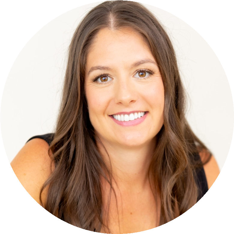 Jena Balke smiling in a circular, close-up headshot wearing her original black outfit